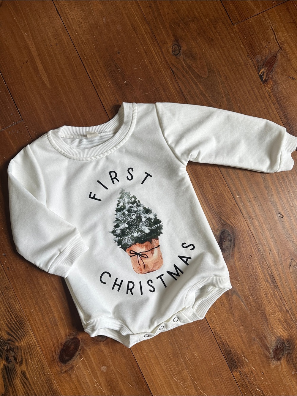 NWOT First Christmas Baby Bodysuit in White with Christmas Tree, 3-6 months